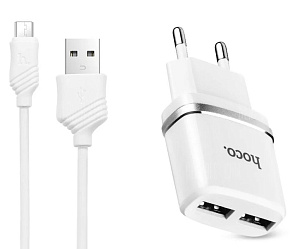 HOCO (6957531047773) C12 2USB 2.4A MICRO USB 1м белый Сетевое зарядное устройство