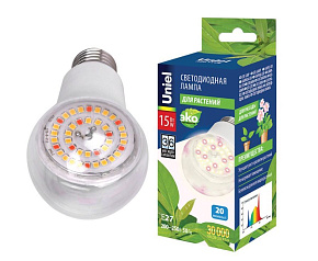 UNIEL (UL-00007405) для растений LED-A60-15W/SPFB/E27/CL PLP30WH Фито-лампа